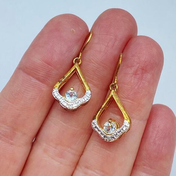 Signed PAJ BB CHINA" 10k Gold Plated Blue Topaz Teardrop CZ Dangle Earrings - Picture 4 of 6